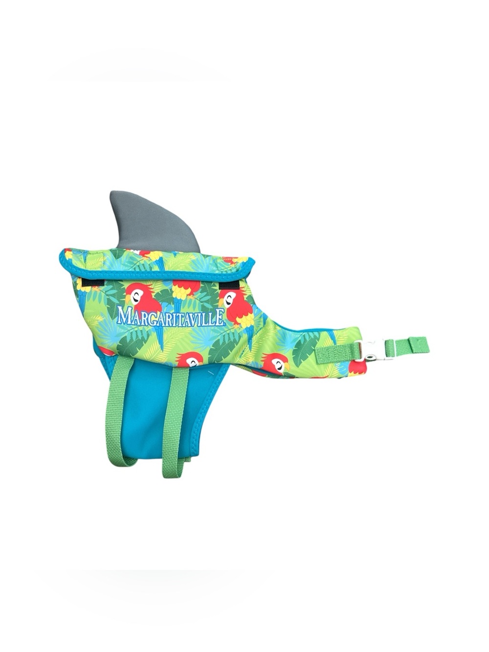 Margaritaville Dog Shark Swim Vest - Teal, Green & Red Parrot Print Swimming Pet